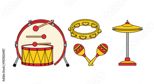 A collection of percussion instruments including drums, a tambourine, maracas, and a cymbal are arranged on a white background.