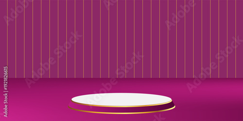 Dark Magenta podium with Gold striped, 3d object podium, White podium over Dark Magenta podium, Dark Magenta background with Gold vertical pole pattern