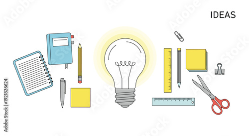 An illuminated light bulb is surrounded by various office and school supplies like notebooks, pencils, and sticky notes.