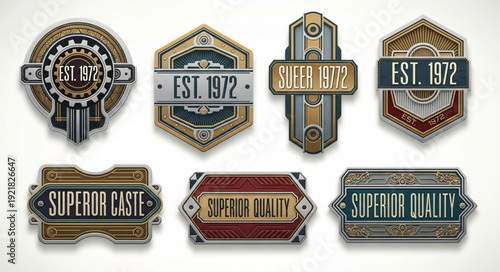 Collection of vintage badges and emblems with est 1972 text.