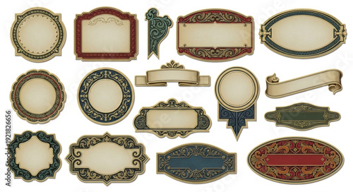 Collection of ornate vintage decorative labels and signs.