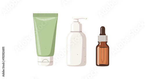 A lineup of essential skincare products, featuring a green squeeze tube, a white pump bottle, and an amber dropper bottle for serums.