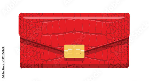 A luxurious red clutch bag crafted with a distinctive crocodile skin texture and secured by a prominent golden metallic clasp.