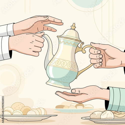 Cute flat vector illustration of hands exchanging a traditional teapot and sweets on a table