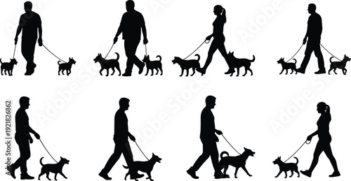 People walking dogs silhouette vector set, men and women with pets on leashes isolated on white background, pet care lifestyle illustration
