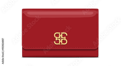 A sleek, compact red wallet with a smooth, glossy finish, prominently featuring a distinctive golden metallic logo on its front flap.