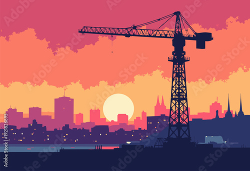 Glasgows Finnieston Crane standing as silhouette industrial heritage vibrant modern city sunset behind it