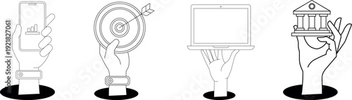 Business outline icon set vector with hands holding phone target and house illustration isolated on transparent background