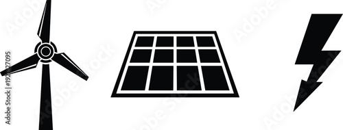 Renewable energy icons set wind turbine solar panel lightning bolt vector illustration clean power electricity eco technology sustainable energy symbols isolated design