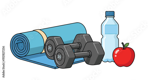 Essential fitness items including a rolled yoga mat, dumbbells, a water bottle, and a fresh apple for exercise.