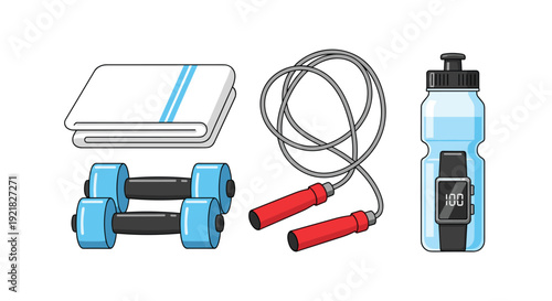A set of workout essentials features a towel, blue dumbbells, a jump rope, and a smart water bottle.