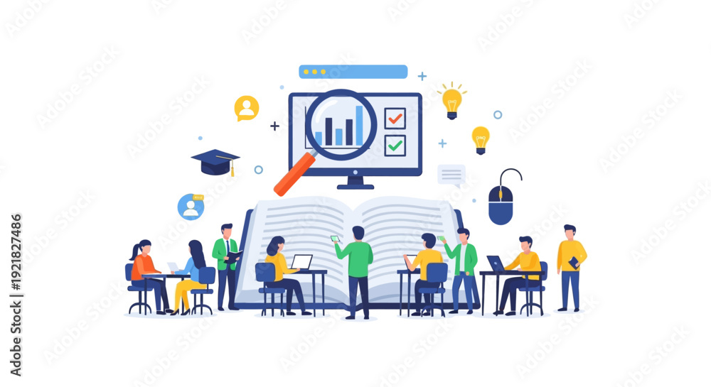 Obraz premium Knowledge & Digital Research Concept. Students Learning, Analyzing Data, and Collaborating in E-learning Environment with Open Book and Monitor.