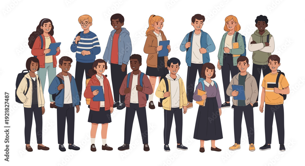 Obraz premium Large Diverse Group of Students Standing Together. High School or Middle School Young People with Backpacks and Books. Isolated Vector Illustration.