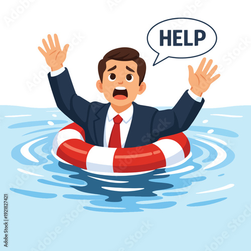 Businessman in distress calling for help while floating on a lifebuoy in water