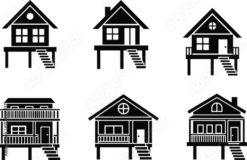 Set of stilt house icons in black silhouette, elevated homes with stairs, tropical architecture collection, simple vector illustration isolated on white background