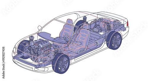 Detailed cutaway diagram of a modern car, illustrating the engine, chassis, interior seats, and various mechanical components.