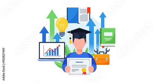 Education and Career Growth Concept: Graduate with Diploma, Rising Arrows, Lightbulb, Laptop Chart, and Professional Skills Development