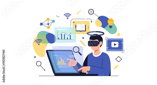 Metaverse Data Analysis and E-Learning Concept. Man in VR Headset Interacting with Digital Charts on Laptop. Future of Business Technology Illustration.
