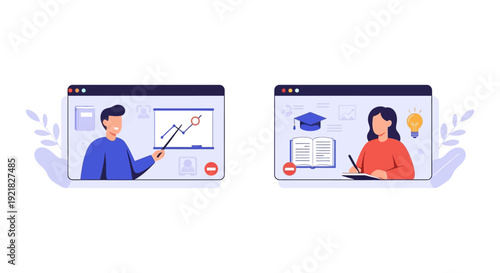 E-learning and Online Education Vector Illustration. Remote Teacher Instructing Student via Video Conference. Digital Class, Webinar, Distance Learning Concept.