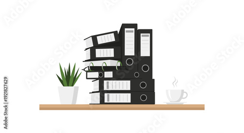 Tall stack of black ring binders on a wooden shelf, alongside a green potted plant and a steaming coffee cup.