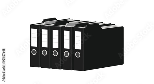 Neatly arranged row of five black ring binders with white labels, symbolizing organized business documentation.