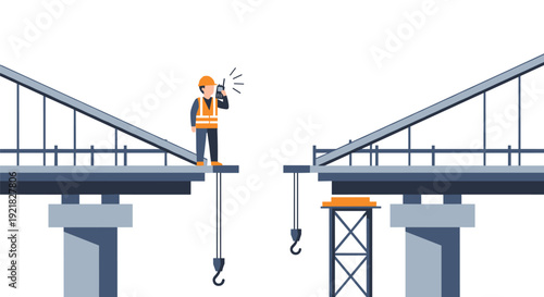 A construction worker stands on a partially built bridge communicating with a walkie-talkie across a gap.