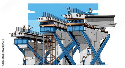 Construction workers are building an elevated highway or bridge structure with concrete, rebar, and temporary supports.