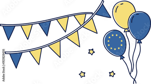 Europe day party scene with blue and yellow bunting balloons festive bunting