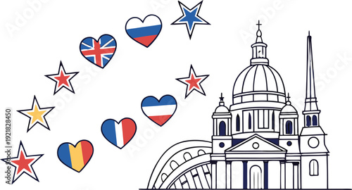 Europe day with heart shaped flags and stars european symbols colorful