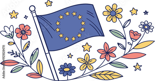European Union flag surrounded by colorful flowers and stars colorful greeting card
