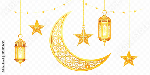 abstract 3d crescent moon, lantern and star hanging in 3d bright gold color. decorative elements for muslim holidays isolated on transparent background	