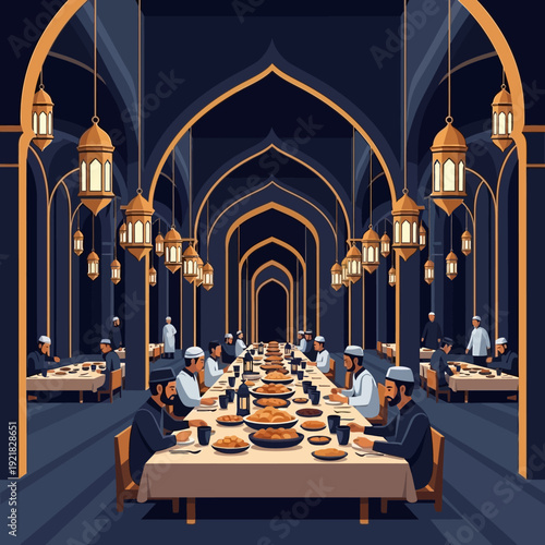 Captivating cute, flat vector illustration of a diverse community sharing a lavish traditional feast in an elegant, lantern-lit cultural hall, fostering togetherness and celebration