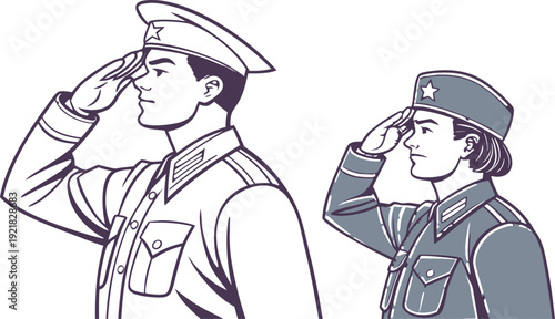 Russian military man and woman saluting side by side veterans victory day