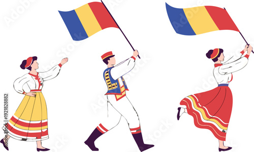 Romanian flag bearers in traditional clothing celebrating celebration people dance