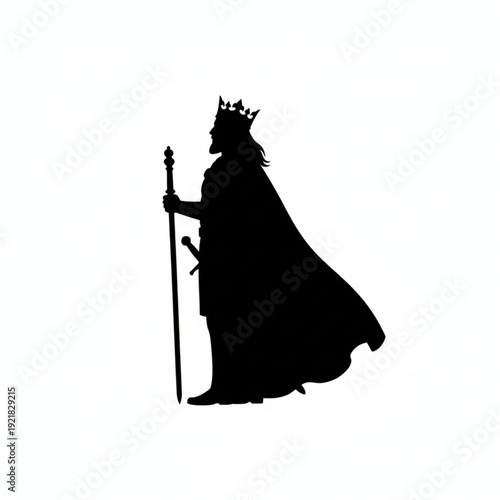 King Silhouette Standing with Crown and Scepter on White Background