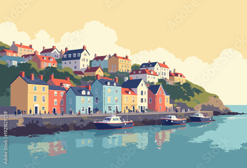 colorful painted houses Tenby harbor, Wales, stacked up hill Bathed warm, golden seaside glow