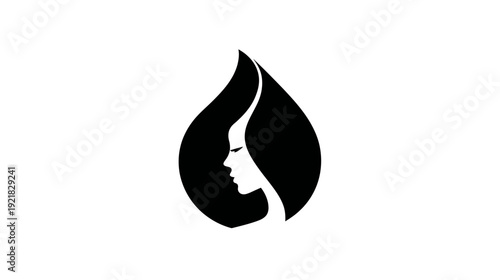 Abstract black silhouette of an elegant woman's profile within a water drop shape, symbolizing beauty, nature, and purity