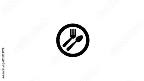 Restaurant icon with fork and spoon in a circle, symbolizing dining, eating, food service, and mealtime. Simple black and white vector graphic.