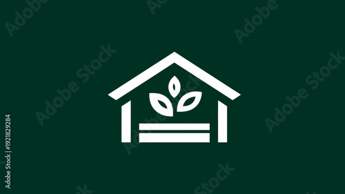 Eco-friendly house icon with growing plant leaves, symbolizing sustainable home, green living, nature, garden, and healthy lifestyle.
