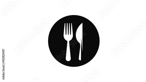 Simple black and white fork and knife restaurant icon for dining, food service, menu design, and meal symbols