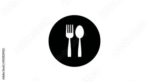 Restaurant dining icon with white fork and spoon in a black circle. Food service symbol for eating and meals.