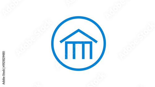 Blue Outline Building Icon with Columns in Circle. Bank, Government, Institution Symbol for Finance, Education, Architecture.