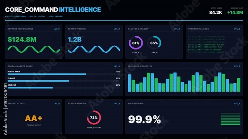Business Intelligence and Financial Performance Dashboard with Animated Charts and Graphs on Dark Background