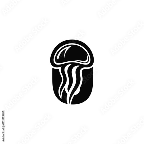 Simple Black and White Illustration of a Jellyfish on a Plain Background from a Direct Viewpoint