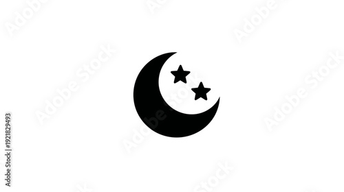 Simple Black Crescent Moon and Stars Icon Symbolizing Night, Sleep, and Celestial Themes on White Background