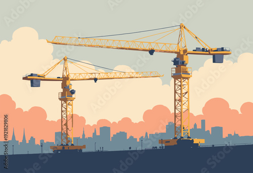 Belfasts Samson Goliath cranes dominating skyline Yellow industrial shapes against grey orange cloudy sky