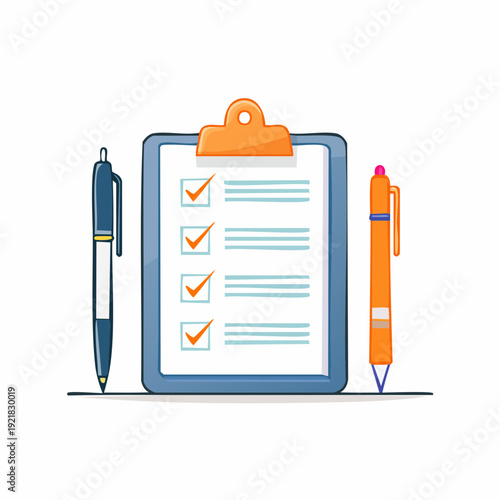 Streamlined task management and efficient planning with a comprehensive checklist displayed on a clipboard, flanked by two pens ready for marking progress and jotting down important notes