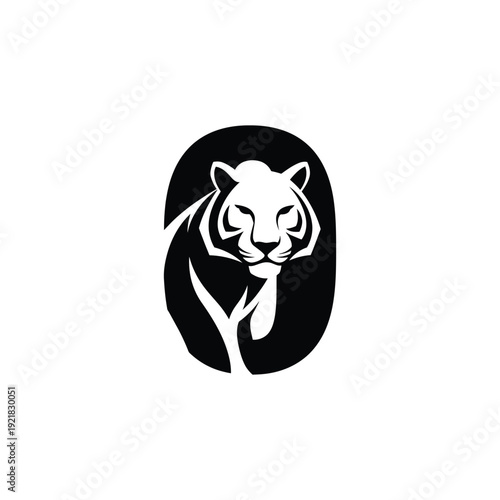 Simple black and white illustration of a tiger's face and leafy branch in an oval shape