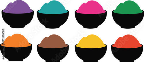 Color powder bowls vector illustration, vibrant pigment heaps collection isolated on white background for Holi festival, art design and decoration use