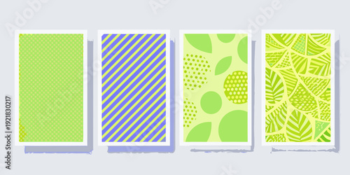 Four rectangular panels showcasing distinct green and blue patterns